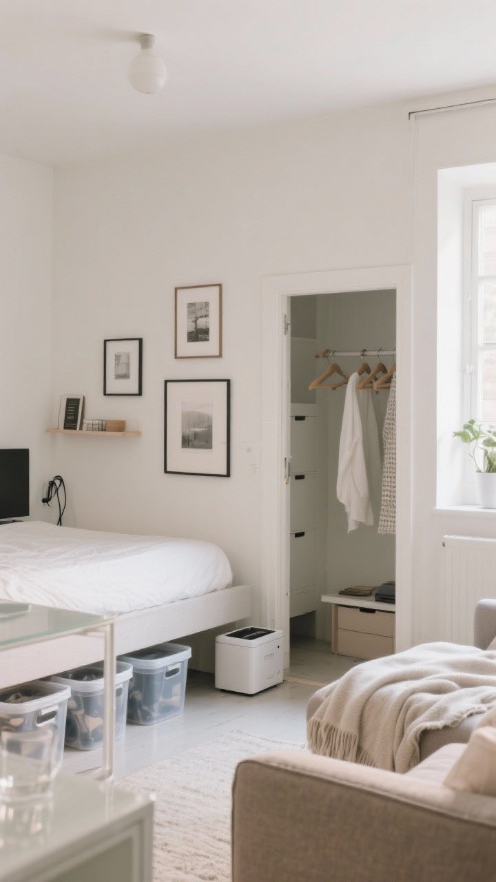 Wide shot of a tiny living area edited and styled: clear counters and surfaces, lidded bins peeking from under the bed, a discreet cord box near the media area, matching hangers glimpsed in an open closet; styled generously with a few framed prints, a soft throw on the sofa, and a slim mini gallery shelf; calm neutral palette, soft daylight, inviting yet minimal, sanctuary vibes without clutter