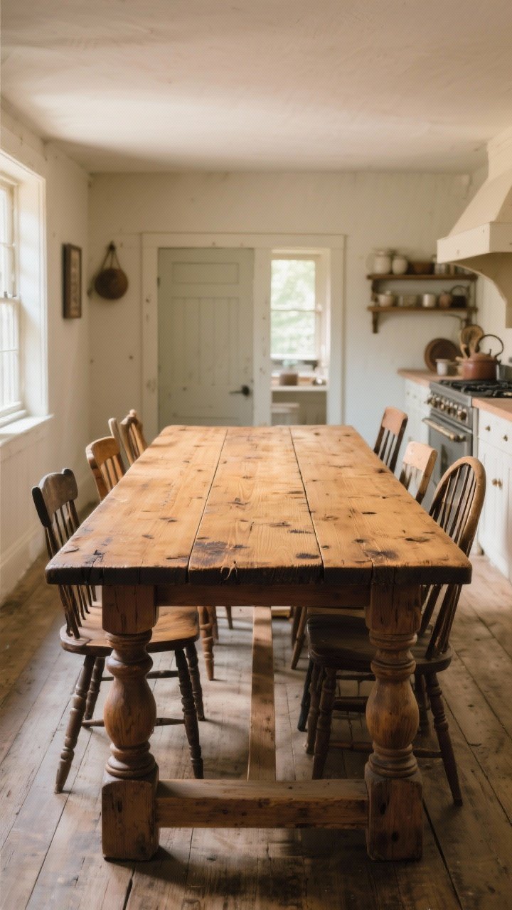 Wide shot of a vintage farmhouse kitchen centered on a large solid-wood farmhouse table with chunky turned legs and a plank-style top, warm honey oak stain with visible scratches and nicks, subtle dark wax rubbed on edges and corners for patina; mismatched wooden chairs around it; a narrow harvest table feel pushed slightly toward a wall; soft morning natural light and a cozy, timeworn atmosphere, no people.