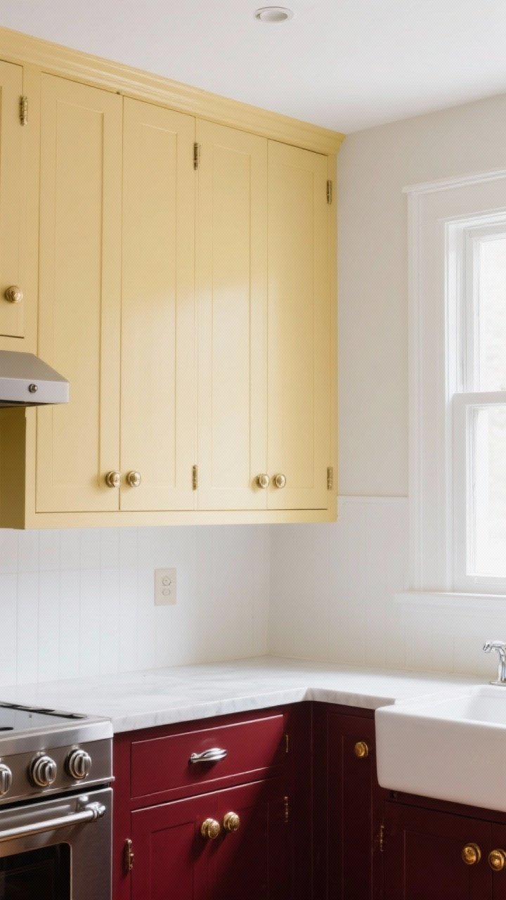 Wide shot of a vintage-inspired kitchen with retro-classic painted cabinets: lower cabinets in deep oxblood, upper cabinets in buttercream yellow, satin finish, neutral white walls, two-tone scheme for grounded yet airy feel; chrome cup pulls on lowers, unlacquered brass knobs on uppers; natural daylight from a side window, matte white ceiling, minimal decor so the cabinets steal the show, photorealistic.