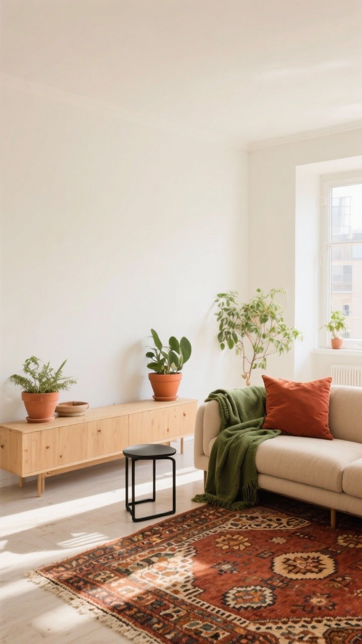 Wide shot of an airy apartment living room with a neutral foundation and earthy pops: warm white walls (creamy, not stark), large furniture in sand and camel tones (oatmeal sofa, light wood console), and accents in terracotta, olive, and rust. Terracotta planters with greenery, an olive green throw over the sofa arm, rust pillows, and slim black metal elements for balance (side table legs and frame). One bold textile—a Moroccan rug—anchors the space; accent colors are pulled from its pattern. Even daylight, bright and calm, minimal shadows.