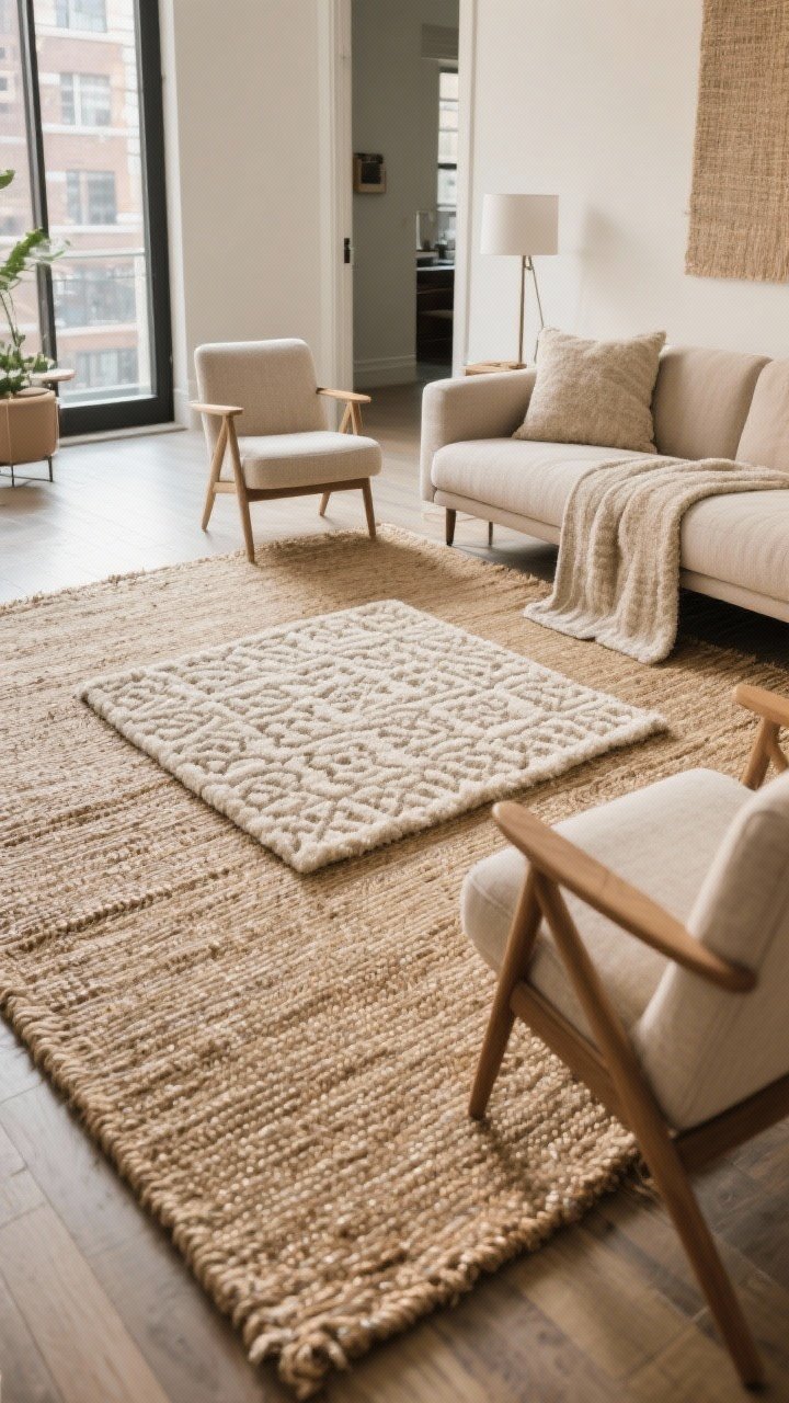 Wide shot of an apartment living room showcasing layered rugs: a large neutral jute flatweave rug anchoring the space, topped with a smaller plush patterned rug defining the seating area; the top rug tucks under the front legs of a sofa and accent chairs; include a washable runner in the entryway visible in the background; textures are natural fiber and soft pile, colors warm neutrals with a subtle pattern on the top rug; lighting is soft ambient daylight.