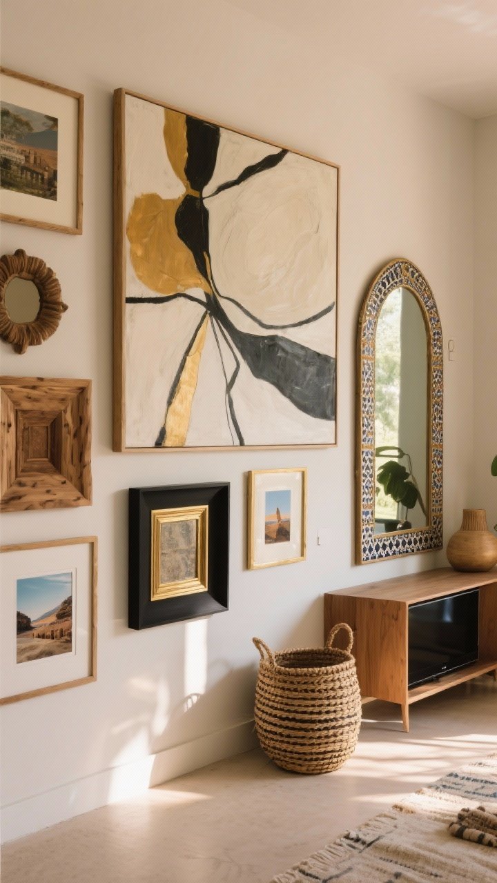 Wide shot of an art wall and mirror arrangement, slightly angled: a gallery wall anchored by one oversized abstract canvas, mixed frame styles (natural wood, gilded, matte black), and a non-art object like a woven basket or textile integrated; nearby, an arched Moroccan-inspired mirror placed to reflect light and art (not the TV); cohesive 2-inch spacing, include at least one personal piece such as a travel photo; late-afternoon warm light, photorealistic