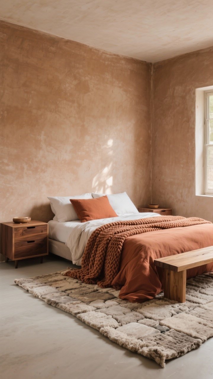 Wide shot of an earthy textural sanctuary: limewash walls in clay/tobacco tones with visible depth, chunky wool rug in stone, linen duvet in terracotta, waffle-knit throw draped over the bed, natural wood elements in warm walnut nightstands and an oak bench; soft, filtered afternoon natural light to enhance textures; corner perspective emphasizing grounding, calm mood.