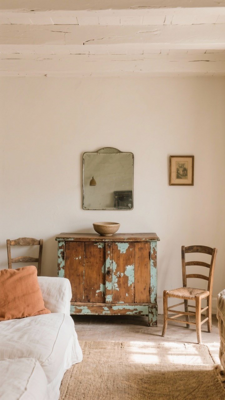 Wide shot of an edited cottage-core living room featuring a single vintage hero piece: an antique patinaed oak cabinet centered on a wall with restrained styling, paired with a modern linen sofa in warm white and two mismatched thrifted wood chairs; show chips and dings on the cabinet, a simple mirror with aged glass above it, and minimal decor rotated in—just a ceramic bowl and one framed print; warm afternoon light, uncluttered and personal.