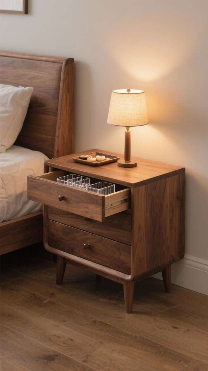 Wide shot of bedside zone: three-drawer workhorse nightstand with classic silhouette, rounded corners and tapered legs, wood tone coordinated with medium-tone hardwood floors, simple hardware, top surface tidy with only a lamp and small tray; open top drawer revealing a shallow acrylic organizer for tiny items, warm evening lamp light, photorealistic.