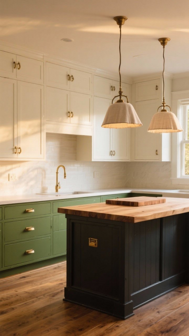 Wide shot of cabinetry palette: warm white upper cabinets with aged brass hardware, moss green lower cabinets with bin pulls, butcher block counters, and a deep charcoal island base against oak floors; linen pendant shades overhead casting a gentle glow; balanced, warm light at golden hour to show true color temperature; composed from a corner angle to show contrast between uppers and lowers.
