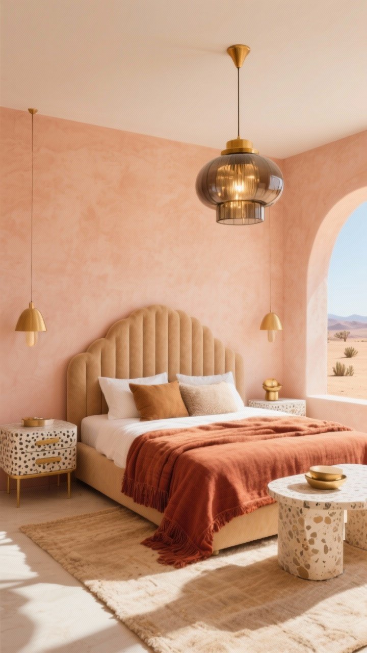 Wide shot of desert deco: sun-baked palette of soft peach walls, camel and rust textiles, sand-colored rug; arched upholstered headboard, scalloped nightstands, terrazzo side table, travertine accent piece; brushed gold and smoked glass pendant lighting adding shimmer; bright desert daylight streaming in; straight-on composition highlighting curves and warm tones.