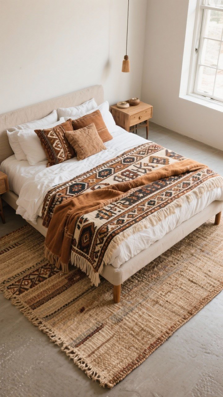 Wide shot of layered rugs under a boho bed: large neutral jute base rug framing the bed, topped with a patterned vintage-style kilim placed so the bed’s and nightstands’ front legs rest on it; optional version over wall-to-wall carpet with a visible rug pad edge hint; warm earthy textiles and throws on the bed; natural daylight; photorealistic fibers and pattern detail.