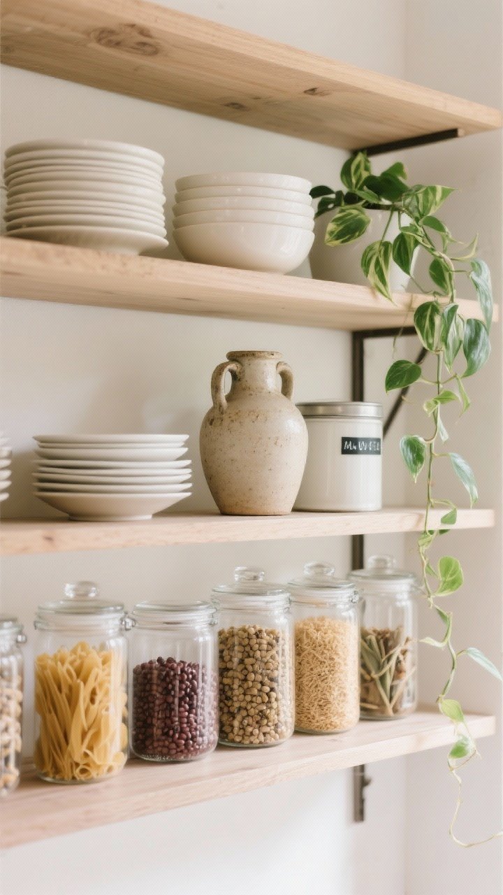 Wide shot: Open shelves styled like a curated pantry—each shelf with three types: a stack of white and cream plates/bowls, a vintage vessel (stoneware jug), and a utility item like a labeled glass canister. Clear jars filled with dried pasta, beans, and spices create color stripes; a trailing pothos softens the lines. Palette: neutral woods, clear glass, greens. Light: bright but soft daylight. Angle: straight-on to read order and repetition.