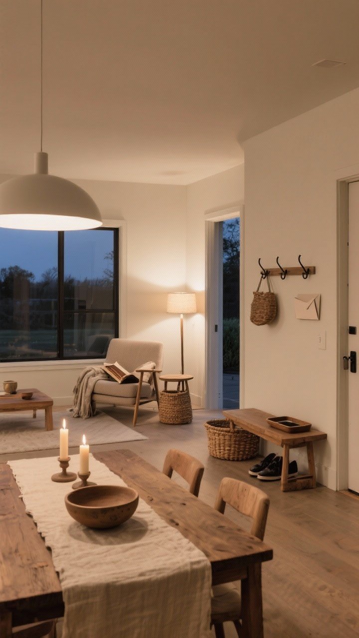 Wide shot: Purposeful slow-living zones within an open-plan room—clearly defined reading nook (comfy chair, floor lamp, small side table, woven basket for throws), a dining ritual setup (linen runner, candle pair, hand-thrown bowl centerpiece), and an entry calm area (hooks, bench, basket for shoes, tray for mail); minimal tech, clutter-free, warm neutral palette, evening ambient light reinforcing calm.