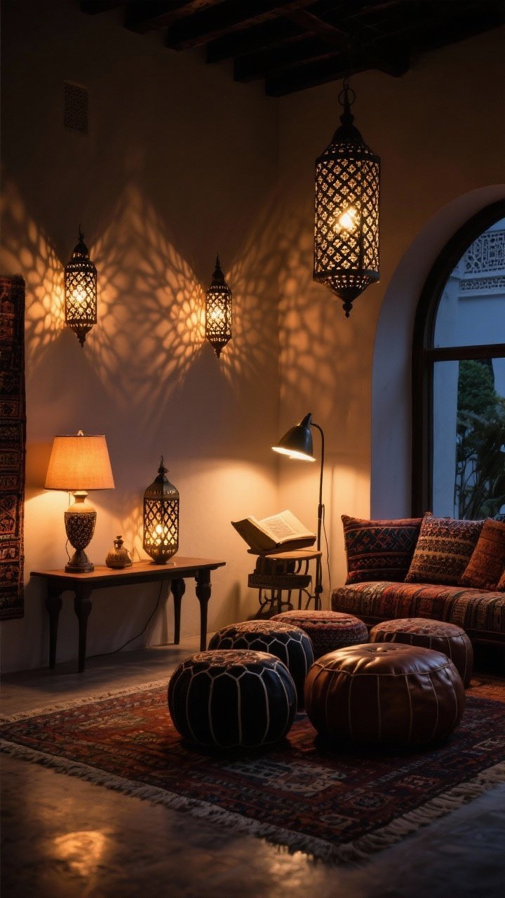 Wide shot: Riad-inspired layered lighting—ambient warm-toned bulbs in table lamps and lanterns, accent pierced metal lanterns casting patterned shadows on walls and rug, and a focused reading task lamp aimed at a pouf cluster/ottoman chaise; moody, dimmable glow unifying Moroccan textiles and leather poufs, evening scene, straight-on to showcase light interplay.