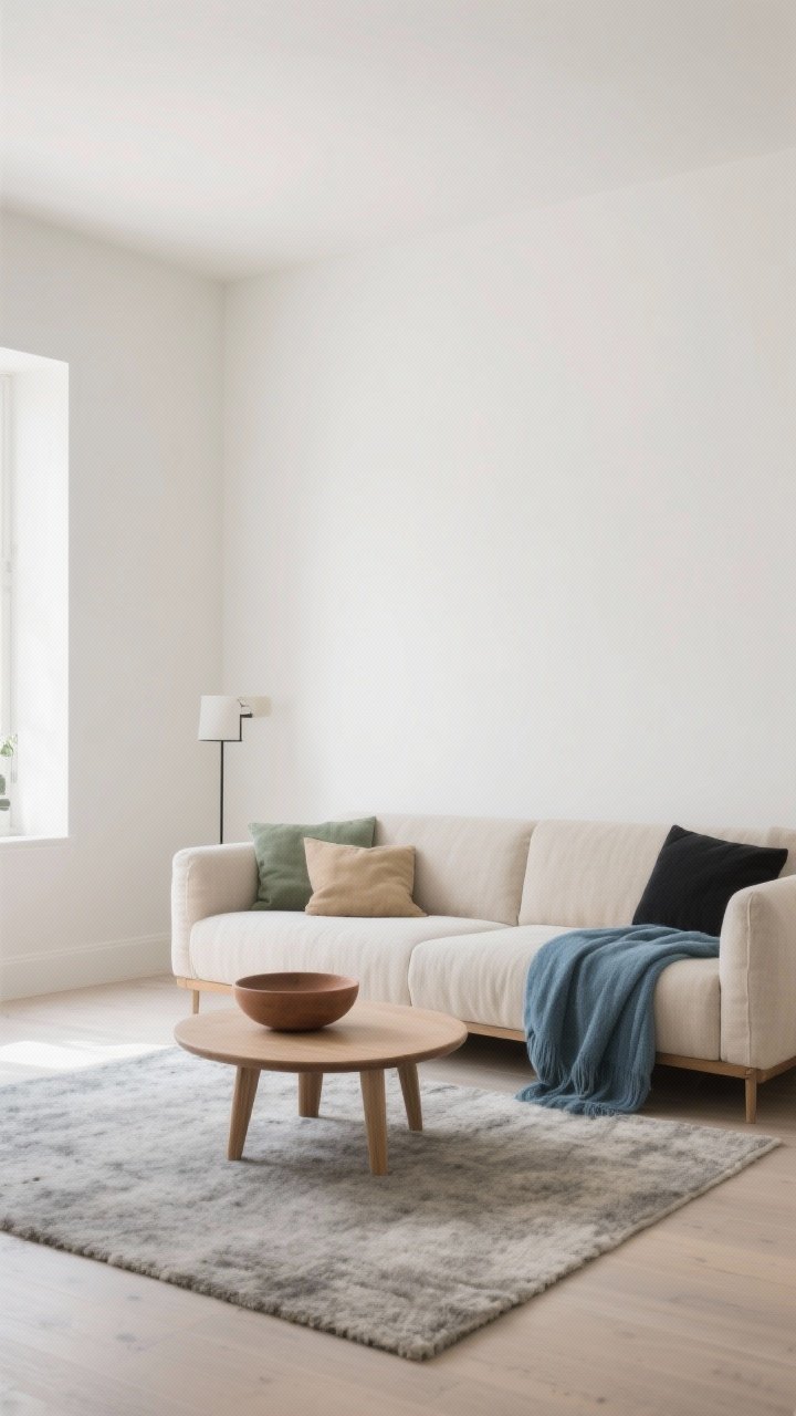 Wide shot, serene living room anchored by a Nordic palette: off-white walls (warm, not stark), a light beige linen sofa, gentle grey wool rug, layered with muted accents in sage, oat, and charcoal; a misty blue throw and a clay-toned ceramic bowl on a soft oval wood coffee table; rule-of-three palette visible—dominant neutral (off-white), secondary (warm beige), single accent (charcoal); natural daylight, soft and even; clean, calm composition.
