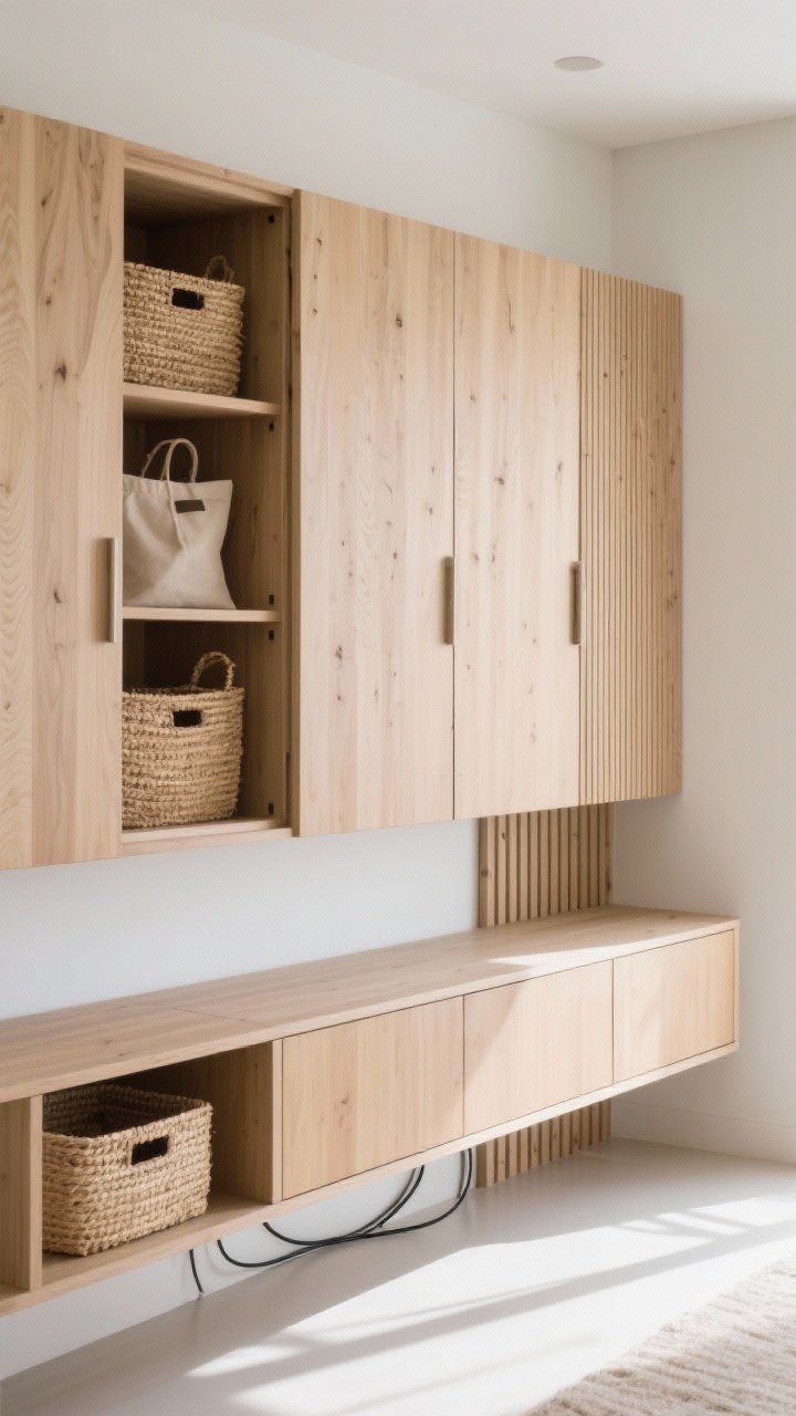 Wide shot showcasing elevated storage with architectural lines: a floating low, long media console with flat-panel, handle-less push-latch doors in light oak; a ribbed wood sideboard on the adjacent wall adding subtle texture; inside an open cabinet, woven seagrass and canvas bins visible; hardware unified in one finish; cords hidden; bright natural light.