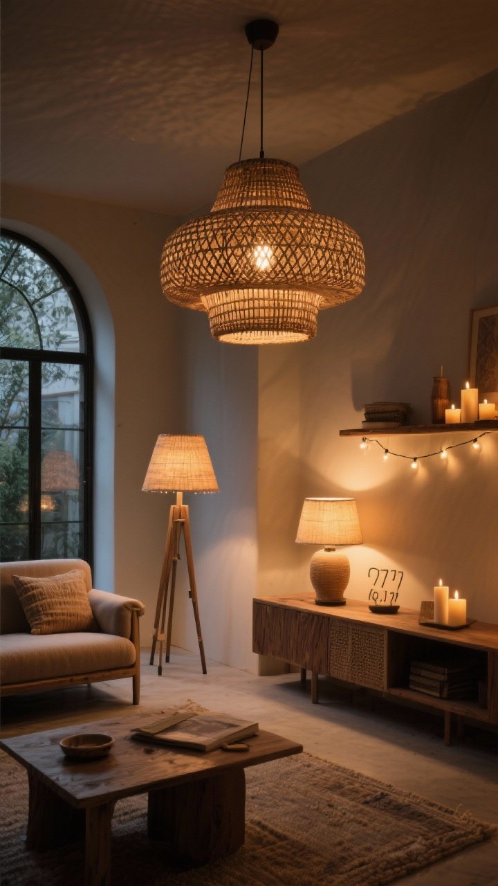 Wide shot showing layered lighting: woven rattan pendant overhead casting a soft pattern, arched floor lamp for task lighting beside seating, and ambient table lamps with warm 2700K bulbs; subtle string lights along a shelf and a few LED candles on a console; mixed natural textures and moody, warm atmosphere.