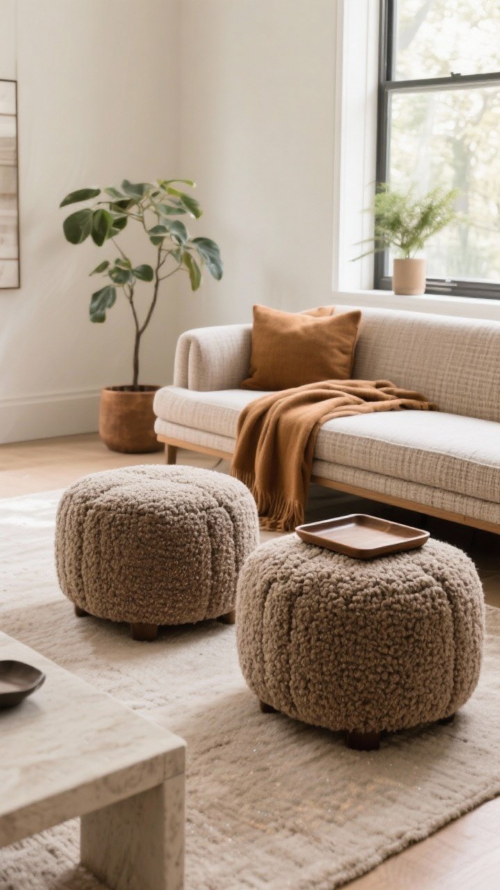 Wide shot showing upholstered ottomans and a bench: a pair of nubby bouclé poufs at the foot of a sofa for symmetry, a long bench in tightly woven linen under a window with a throw and a plant; earthy shades of taupe and camel; tray on one ottoman to double as a coffee surface; performance fabrics implied; moveable, flexible layout; bright but soft daylight.