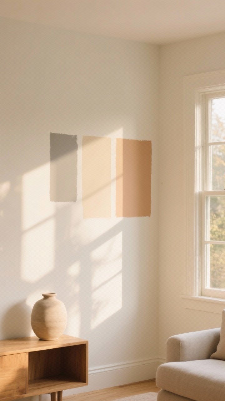 Wide shot, straight-on view of a living room wall painted in warm neutrals to create a cozy canvas: buttery, sunlit creamy white across most of the wall with subtle test swatches of warm greige, oatmeal, and gentle clay painted in rectangles near a window to show how they shift in daylight; indirect afternoon sunlight washing over the wall for golden-hour warmth; minimal furniture at the edges (light oak console, neutral vase) to keep focus on the wall color; photorealistic, no people.