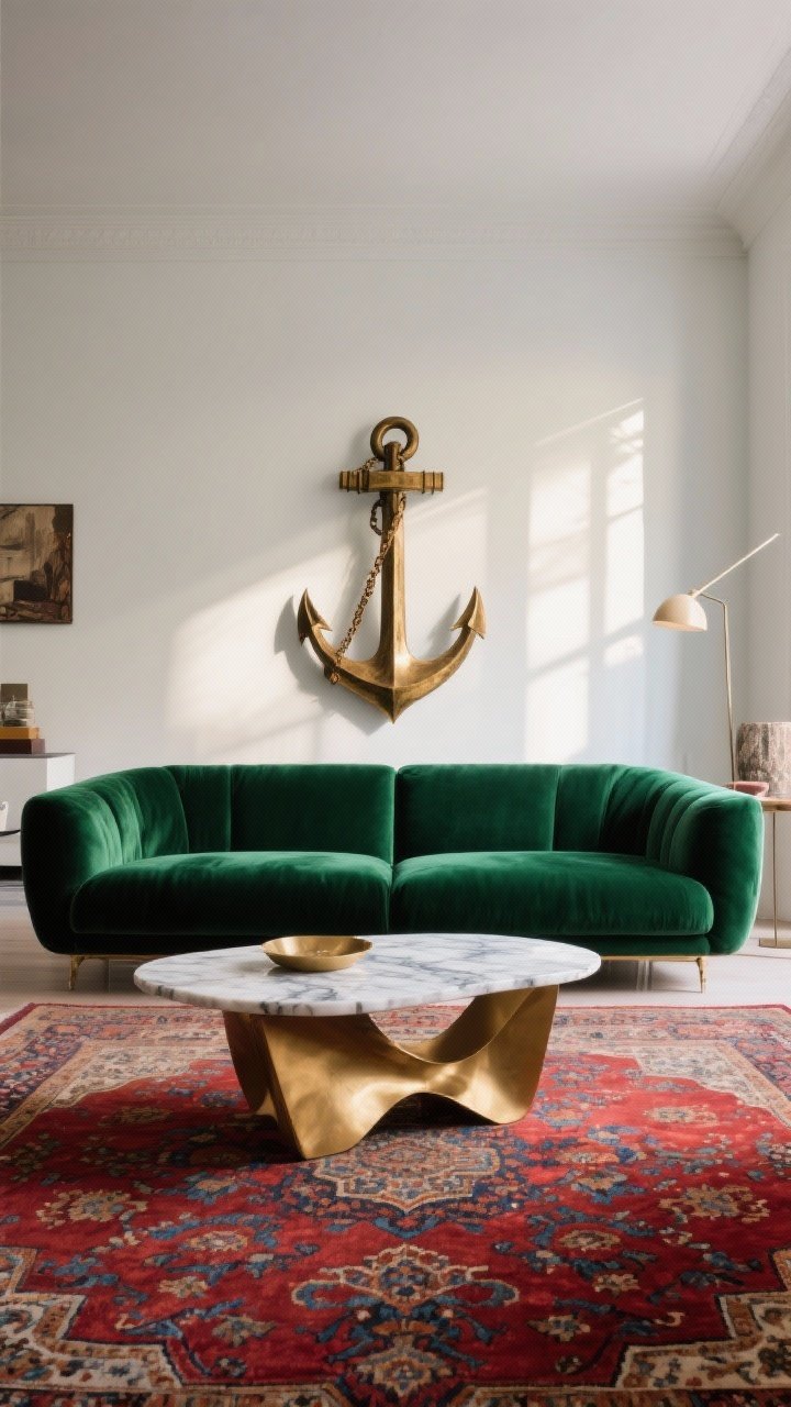 Wide shot, straight-on view of a modern eclectic living room centered on a single bold anchor: a jewel-tone emerald velvet sofa with clean lines, sitting on an oversized Persian-inspired patterned rug in rich reds and blues, paired with a sculptural mixed-material coffee table in marble and brass; color palette guided by two dominant hues (emerald and deep red) plus a brass accent, slightly oversized scale for a polished feel; minimal supporting decor so the anchor reads clearly, warm afternoon natural light, no people, photorealistic