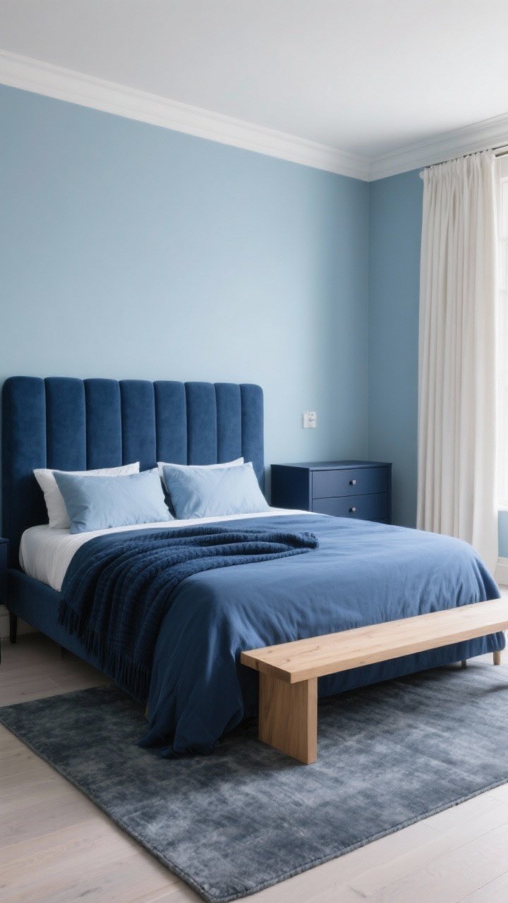 Wide shot: Tonal monochrome blue bedroom featuring pale blue walls, deeper blue upholstered headboard, navy throw at the foot of the bed, steel blue sheets, periwinkle cushions, and a matte navy dresser. A slate rug grounds the space, with creamy white curtains and a light oak bench to warm and balance the blues. Clean lines and minimal patterns for instant calm.