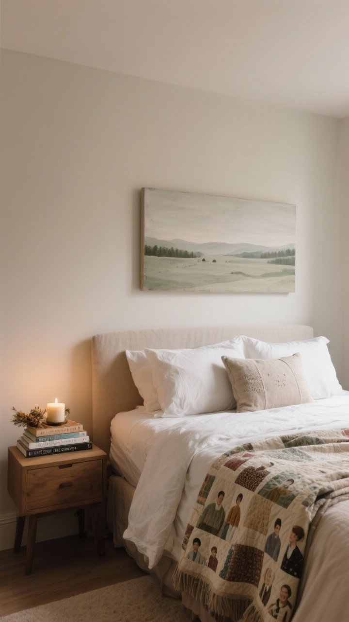 Wide, slightly elevated angle: A serene, personalized hygge bedroom styled with restraint. Above the bed hangs one large, calm artwork—a muted landscape in soft greige and sage tones. Nightstand holds a small seasonal stack of favorite books and a single signature candle. On the bed, a treasured family quilt folded at the foot and a handmade pillow add emotional warmth without clutter. Palette remains cohesive with warm neutrals and subtle accents; lighting is dim and warm, allowing the few meaningful objects to breathe and whisper rather than shout.