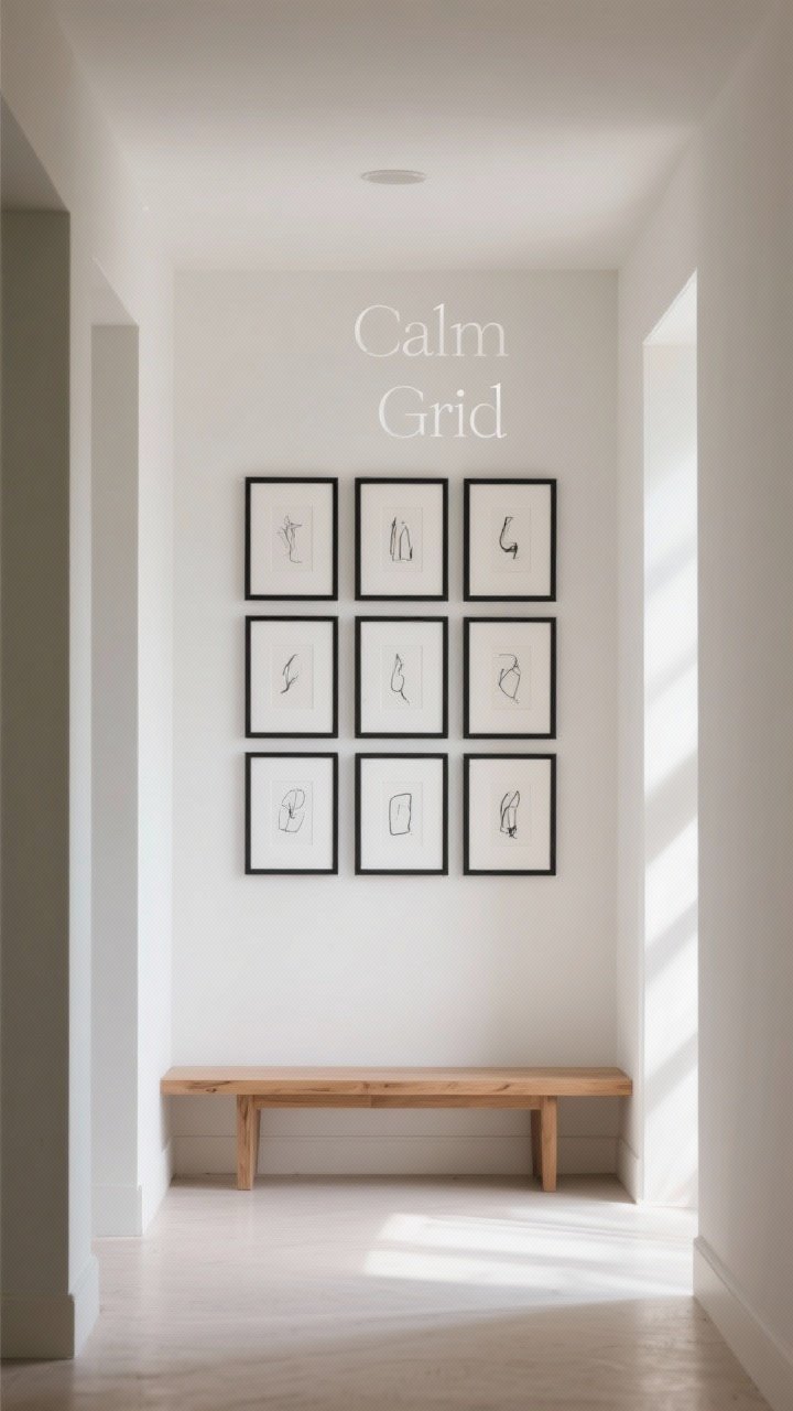 Wide, straight-on shot of a hallway with a “Calm Grid” gallery: 9 identical black frames with white mats arranged in a perfect 3x3 grid, evenly spaced at exactly 2 inches, each containing minimalist black-and-white sketches; neutral white wall, light oak console beneath for scale; soft natural daylight from the side creating gentle shadows; overall mood serene and orderly.