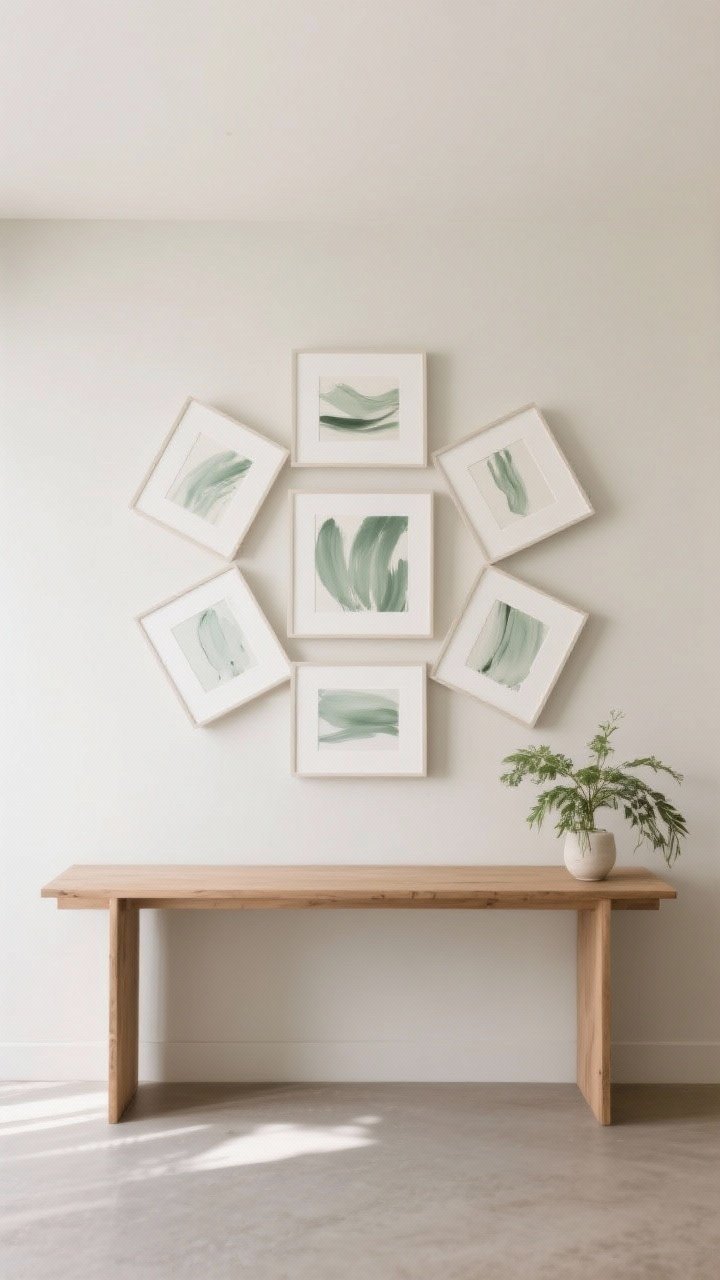 Wide, straight-on shot of “The Centered Cluster” above a console: 6 tightly grouped pieces forming an invisible circle, clean negative space around the cluster; at least two pieces have generous white mats to lighten the look; repeated soft sage brushstroke motif appears in three artworks; light oak console with a single plant, neutral wall; calm, even daylight.