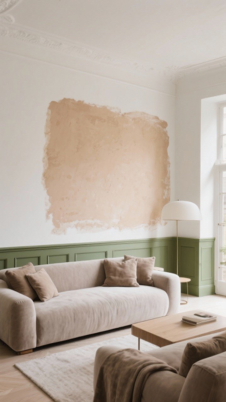 Wide, straight-on view of a living room with earth-toned foundation: matte warm white walls with a clay beige accent wall featuring a subtle limewash/Roman clay movement, olive green trim, and soft taupe textiles; natural light, velvety wall finish emphasized; minimal furniture to show the canvas-like backdrop.