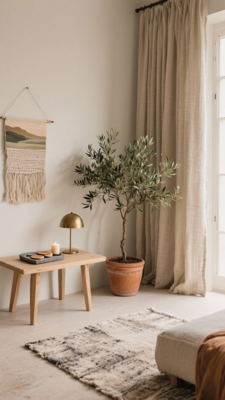 Wide styled vignette: Calm hygge palette and natural materials. Color scheme: oatmeal + caramel + olive, with subtle charcoal accents. Materials: light wood side table, wool rug, linen curtain panel, a small stone tray holding coasters and a candle, and a touch of matte metal (brushed brass lamp). Include greenery—a potted olive tree softening the corner—and quiet art: a soft landscape and a textured wall hanging. Straight-on view, serene, photorealistic.