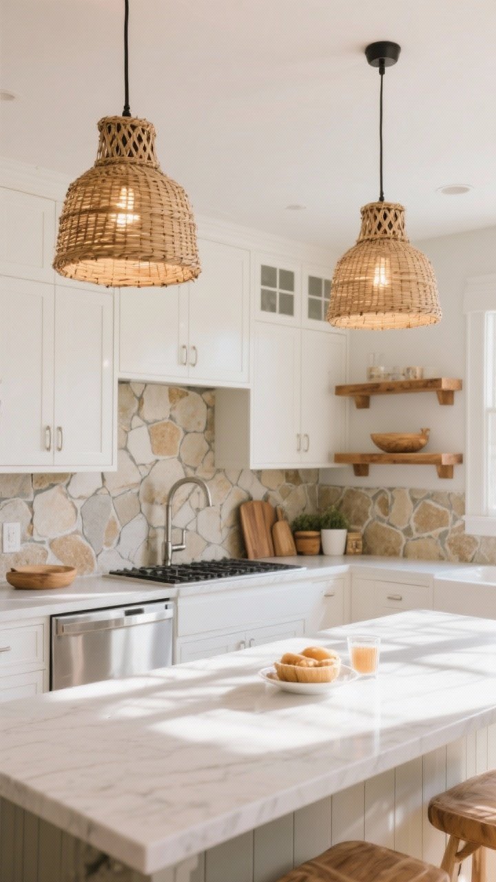 Wide, sunlit view of a breakfast bar with two woven rattan/cane pendants adding organic warmth against white cabinetry and stainless accents; paired with oak open shelves and travertine/tumbled stone backsplash; warm 2700K bulbs preserve the natural fiber depth; casual, modern cottage vibe, no people.