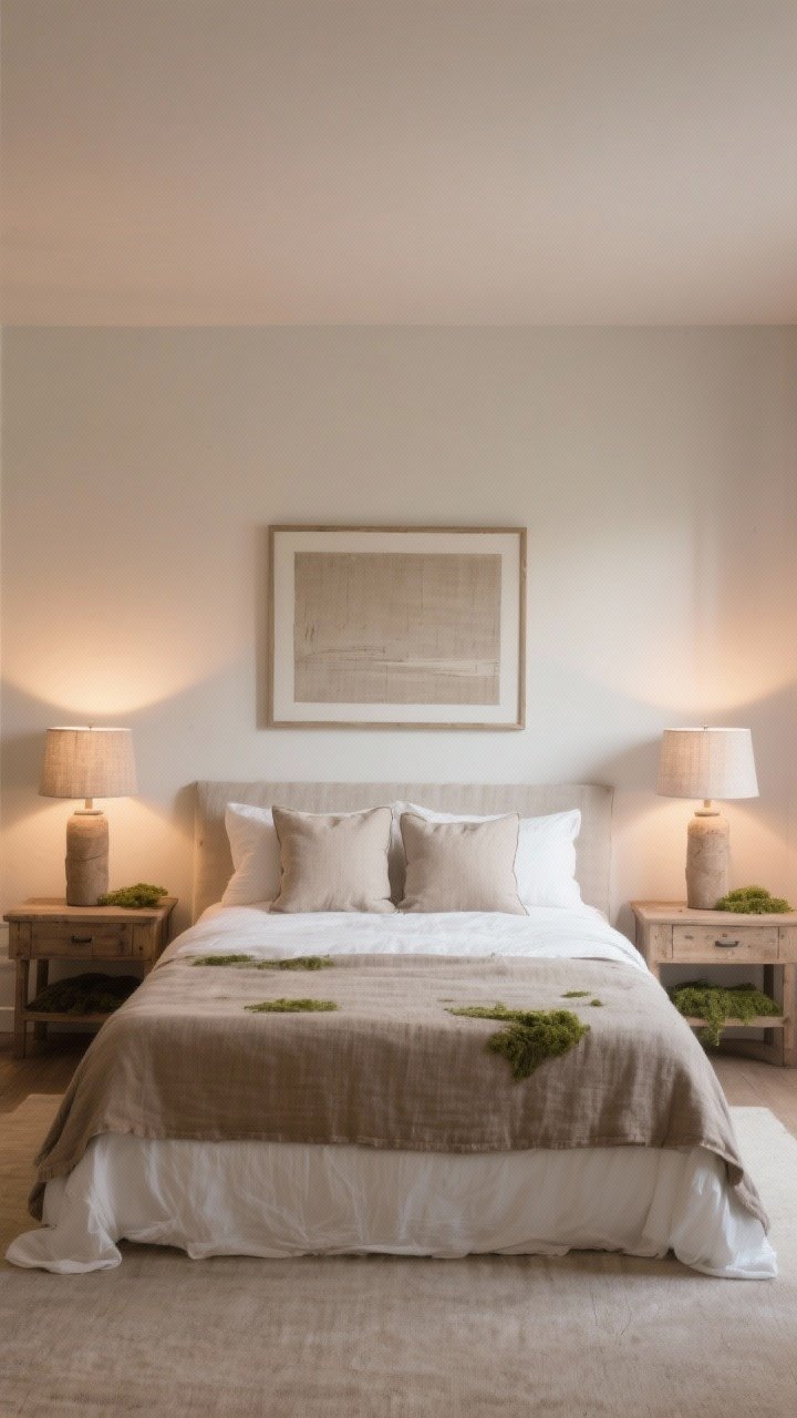 Wide, symmetrical bedroom scene to slow visual pace: centered bed with matching linen pillows, twin lamps with fabric shades on balanced nightstands, centered art above; simple symmetry creates calm; textures in warm whites, taupe, and putty with subtle moss/clay accents; soft, warm evening light from lamps, minimal decor, rustic-meets-serene mood