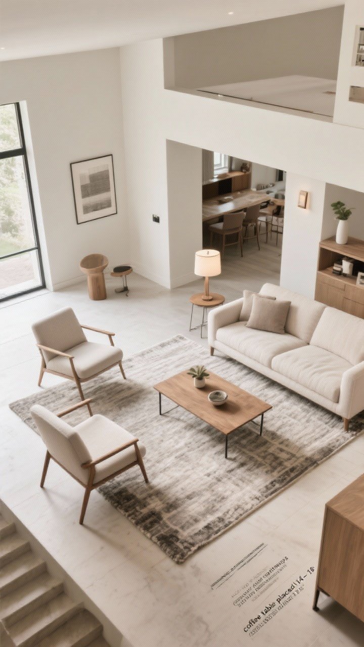 Wide top-down and angled hybrid shot emphasizing flow and breathing room: furniture arranged with 30–36" clear pathways, coffee table placed 14–18" from the sofa, chairs subtly angled toward the sofa for conversation; open concept defined by an area rug and a floor lamp rather than walls; minimal corners, airy layout, neutral palette.