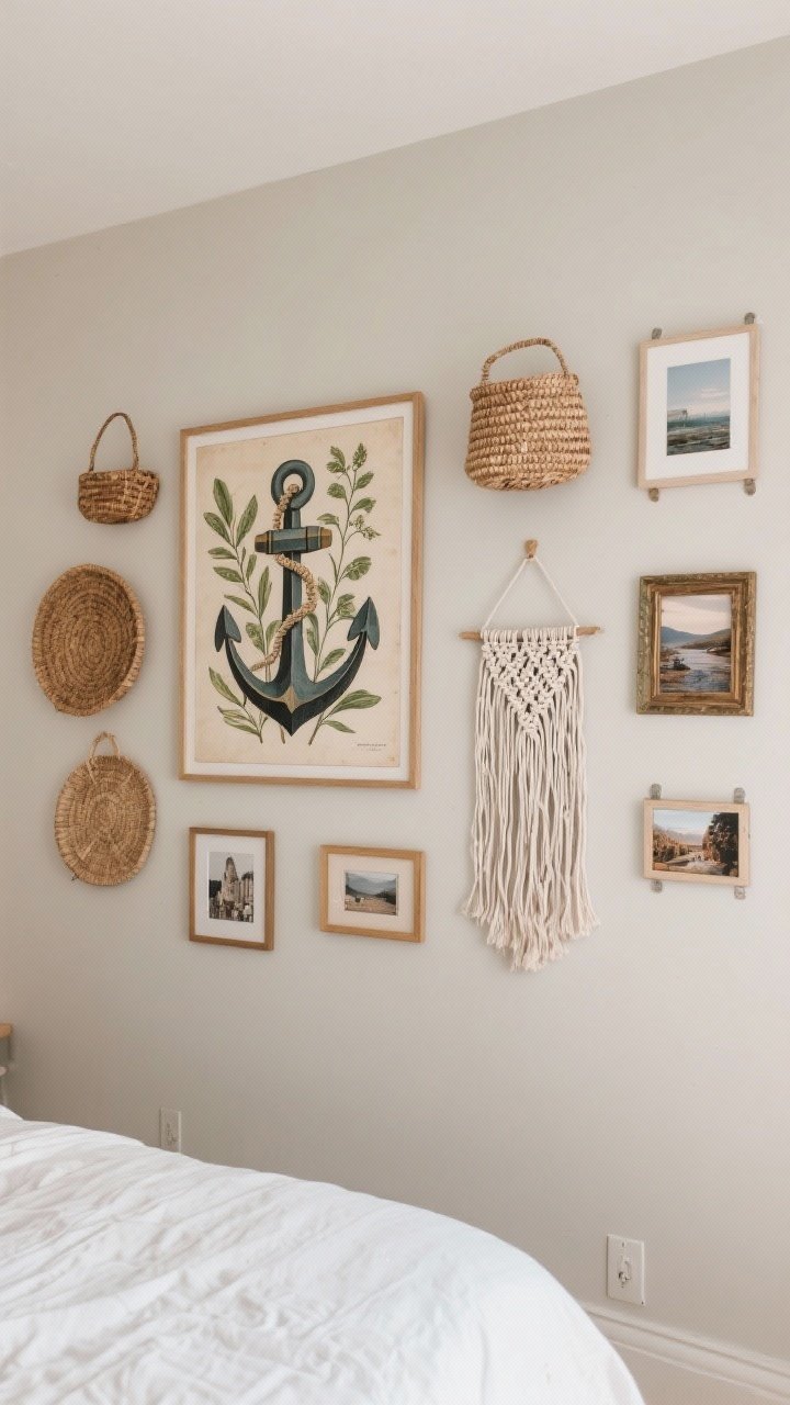 Wide wall-focused shot of a curated gallery: a neutral bedroom wall featuring a relaxed mix—one large anchor piece (a vintage framed botanical print) centered, surrounded by woven baskets, a macramé hanging, smaller vintage frames, and travel photos; consistent ~2-inch spacing; bed edge in foreground for context; shot straight-on with even natural light; subtle Command-strip realism (no visible nails) for a clean rented-friendly look.