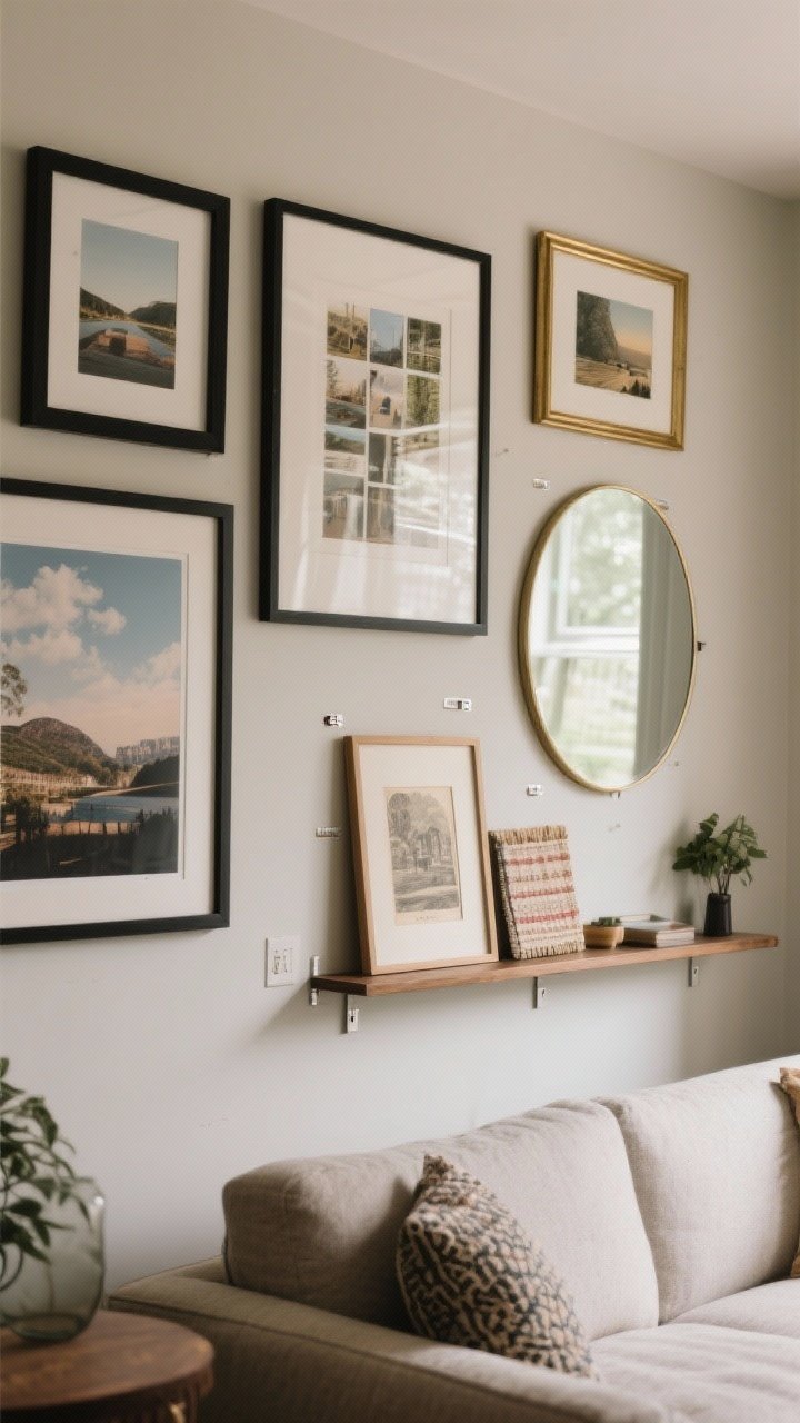 Wide wall-focused shot of a living room featuring art that feels personal: a tightly hung gallery wall with matching black or brass frames around mixed art (travel photos, vintage prints, a small framed textile), leaning art on a shelf below, and a round mirror to bounce light; Command strips implied (no visible nails); muted, cozy palette with indirect afternoon light.