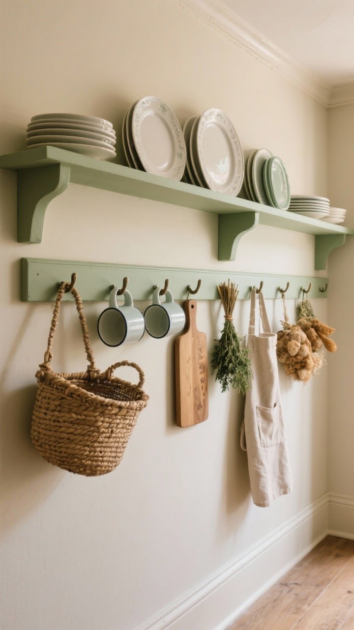 Wide wall view of a painted peg rail and wall-mounted plate rack (painted same color as trim in muted sage) displaying daily dishes and breadboards; pegs holding enamel mugs, woven baskets, an apron, and bundles of dried herbs; cohesive, functional display along a whole wall; straight-on perspective with even, warm ambient lighting, photorealistic.