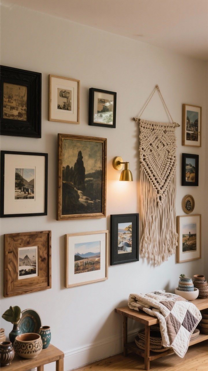 Wide wall view: personalized art-and-story display—gallery mix of frames (black, wood, brass), picture lights highlighting a vintage moody painting, framed travel snapshots, a woven wall hanging; nearby shelf with handmade ceramics and a folded quilt; layered, warm lighting to feel collected and lived-in.