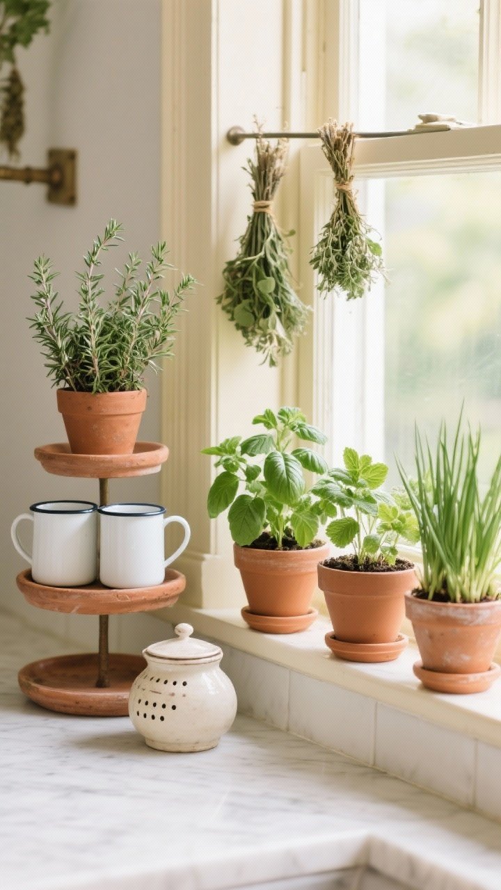 Windowsill closeup of an indoor herb garden: thyme, rosemary, basil, mint, and chives potted in terra-cotta, white enamel mugs, and a vintage sugar bowl with discreet drainage; a narrow tiered stand beside to save counter space; a few drying herb bundles hanging from a small rail in the background; fresh greenery against cream trim; bright natural daylight, photorealistic.