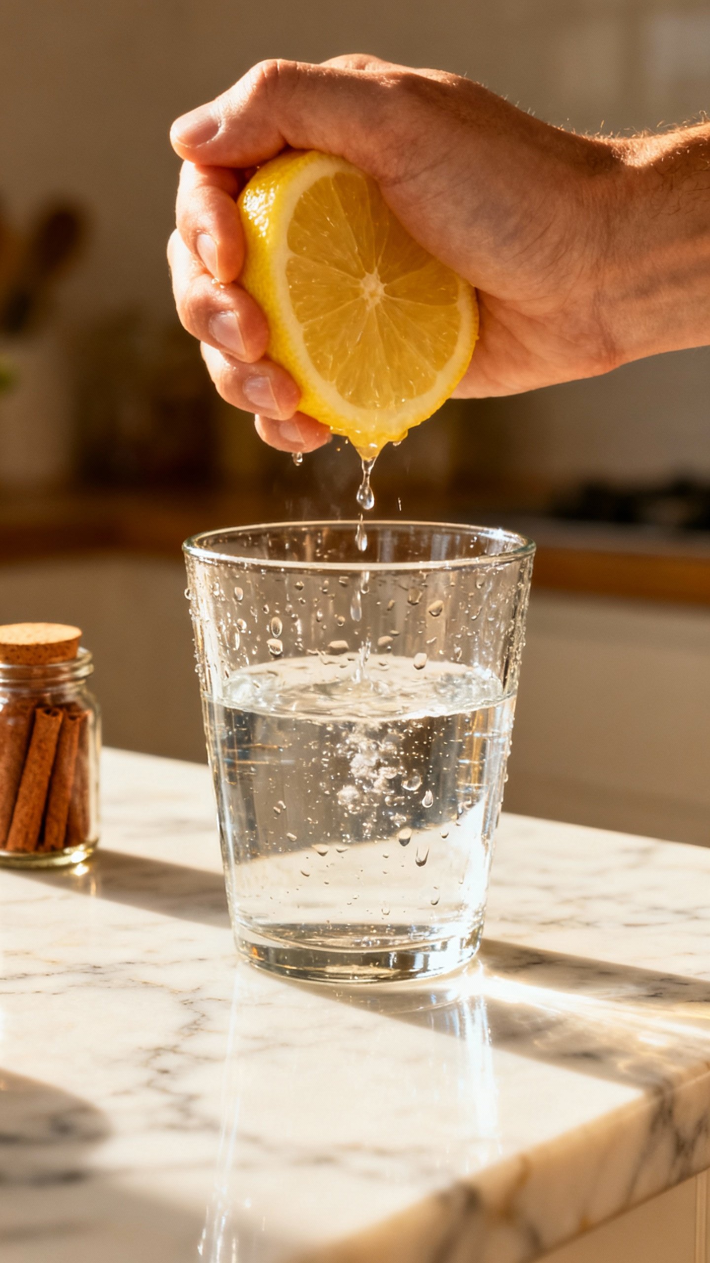 Closeup of hand squeezing lemon into water glass, morning light, condensation, marble counter, cinna