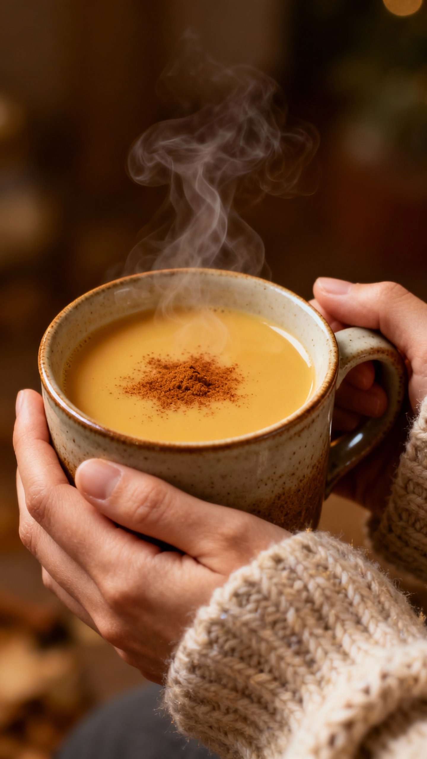 Closeup of hands holding steaming golden milk in ceramic mug, cinnamon dust, cozy knit sleeves