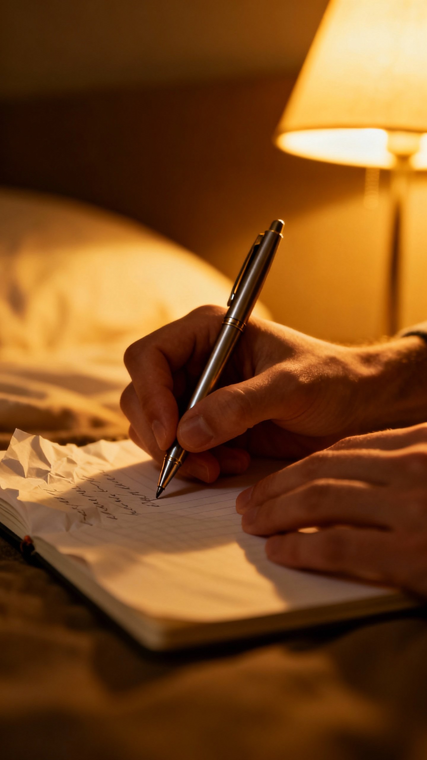 Closeup of hands writing worries and next steps on notepad, pen, bedside lamp glow