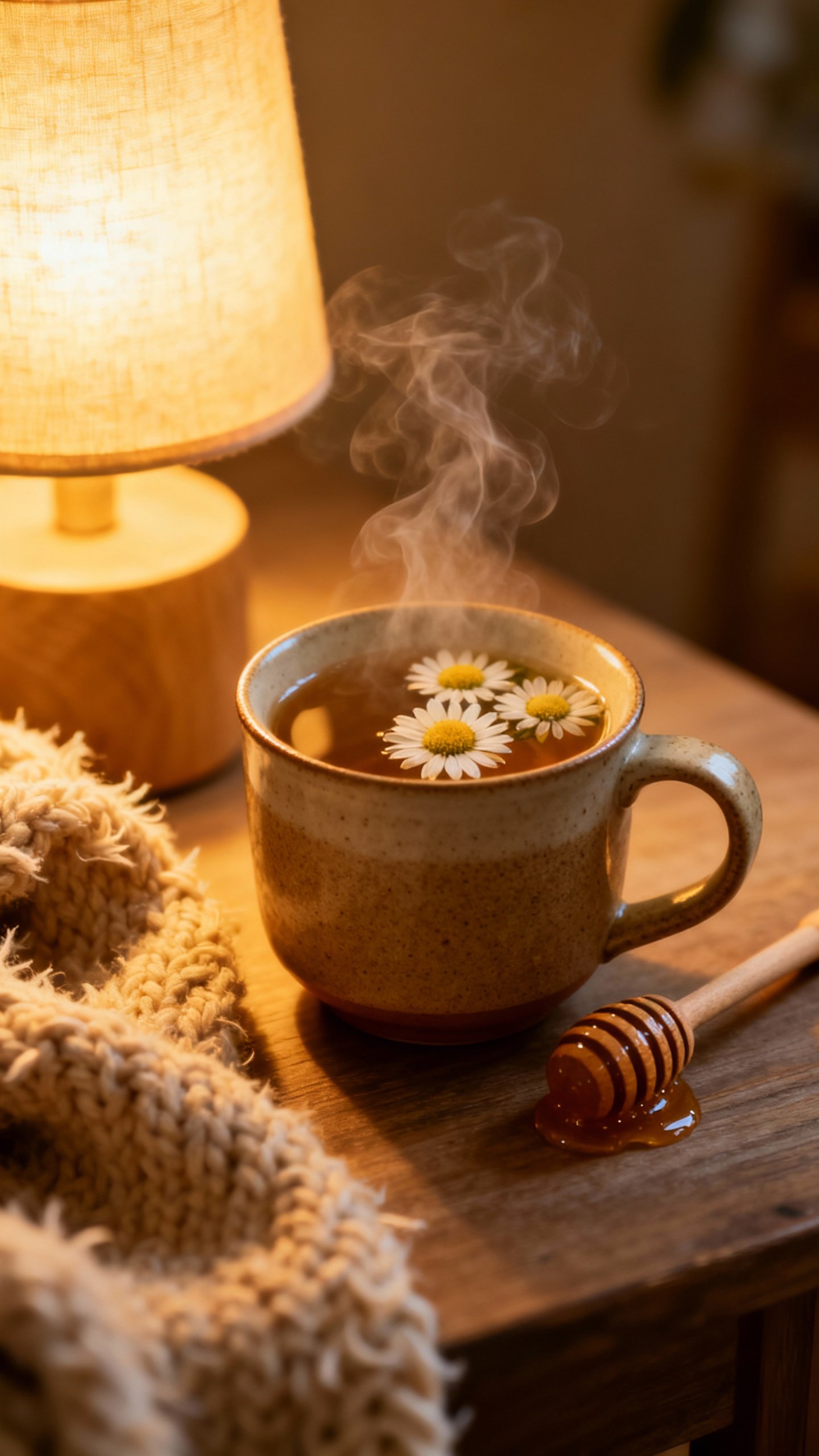 Closeup of steaming chamomile tea in ceramic mug, honey dipper, knitted wool blanket, warm lamp glow