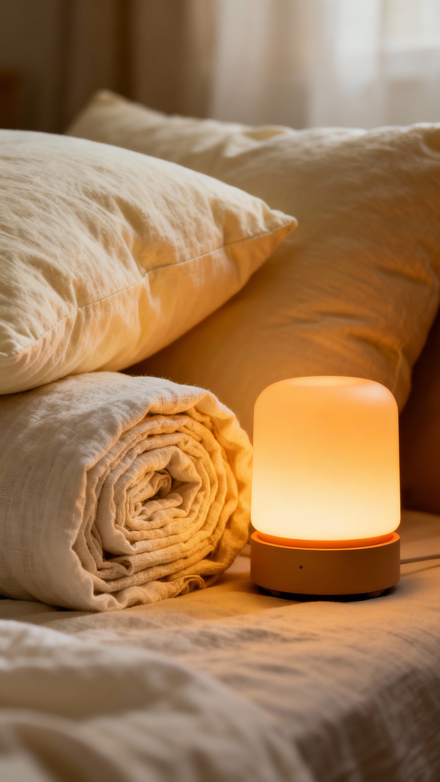 Closeup of sunrise alarm lamp glowing beside linen duvet, fluffed pillows