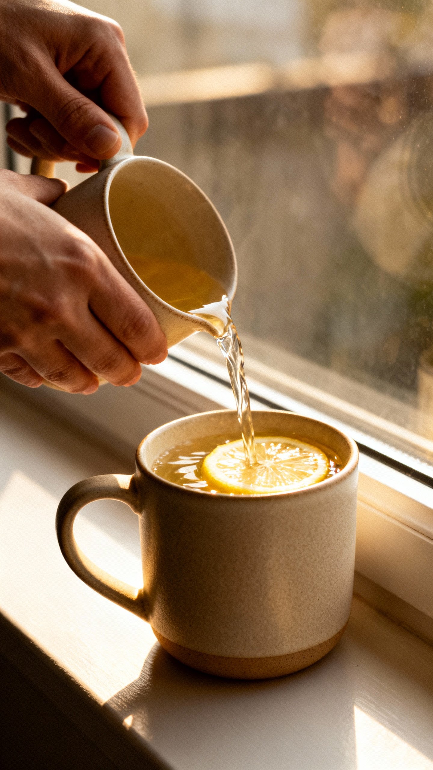 Hands pouring warm lemon water into ceramic “quiet mug” by window