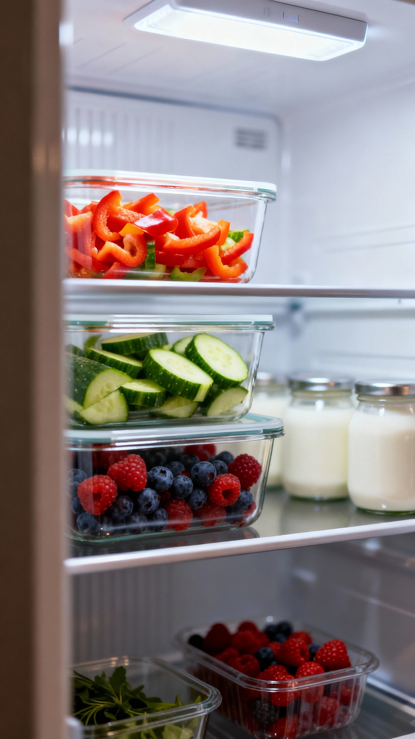 Open fridge closeup with clear containers; chopped peppers, cucumbers, berries; yogurt jars; soft LE