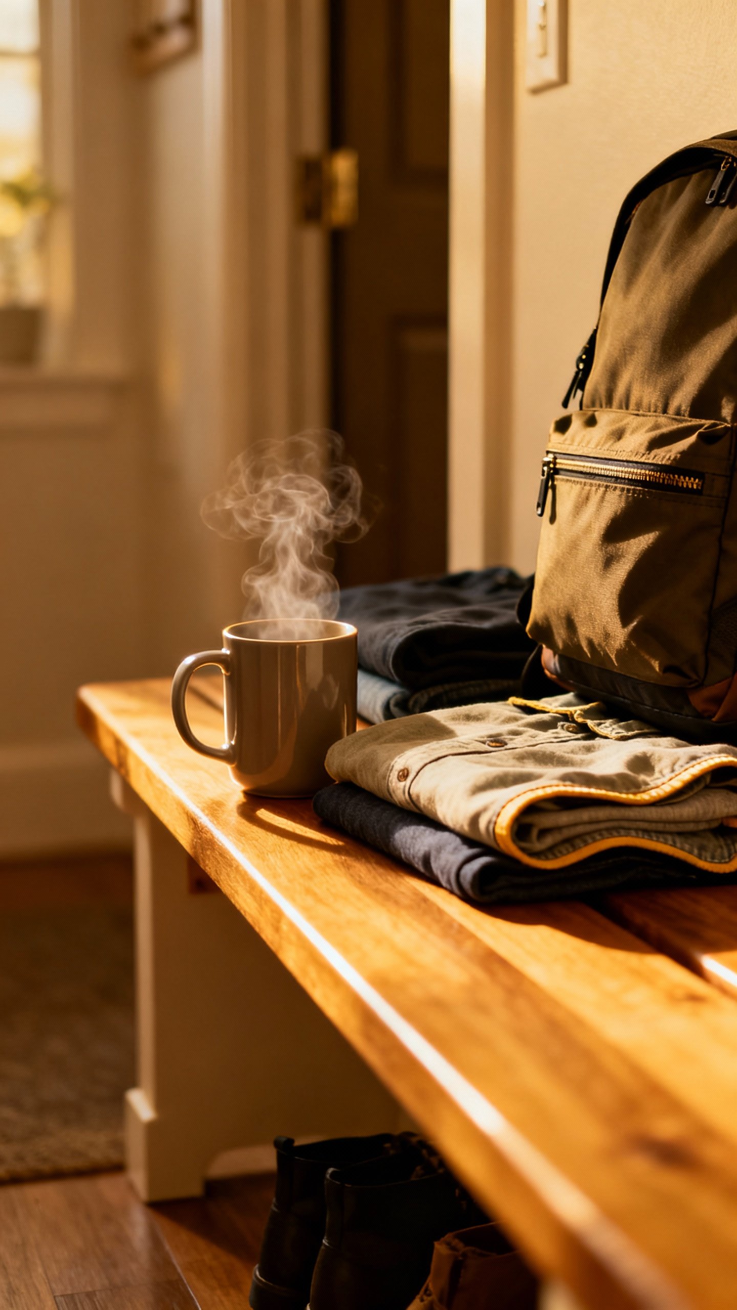 Steaming mug beside laid-out clothes and backpack on tidy entryway bench