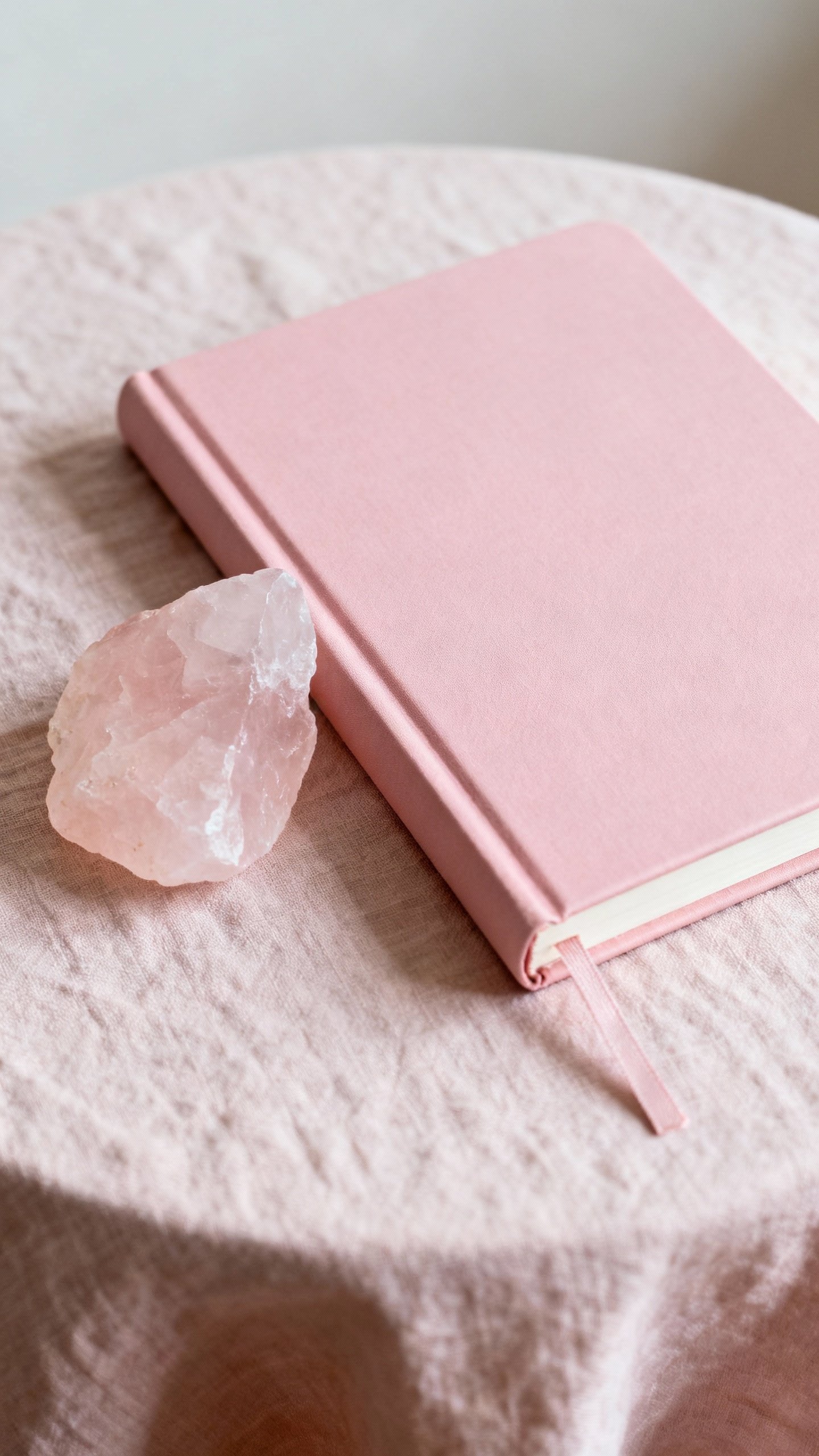 soft pink journal with rose quartz on linen table