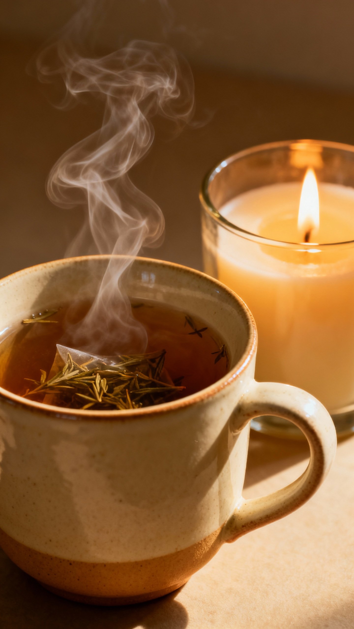 steaming herbal tea beside lit candle, cozy morning light