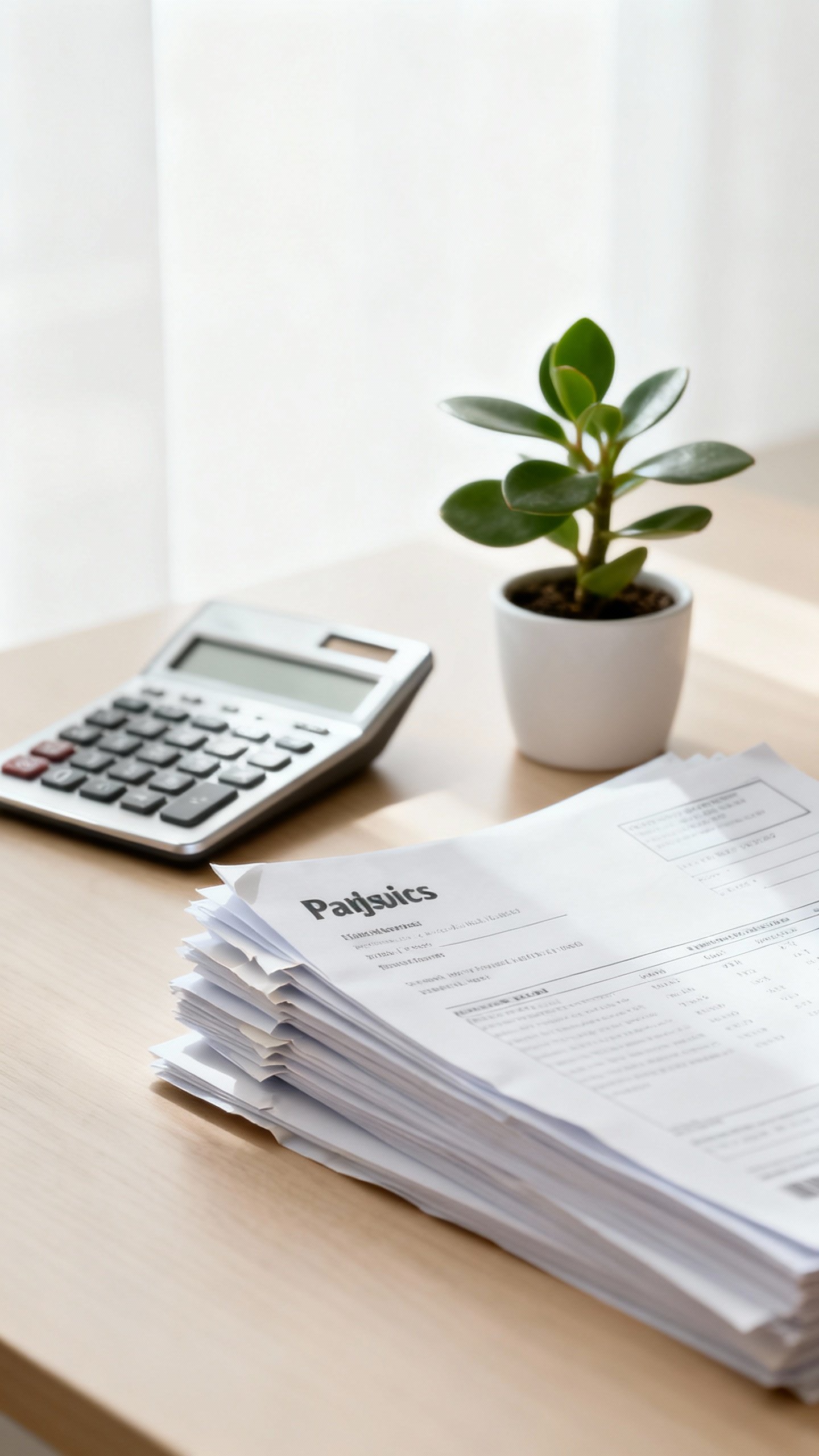 minimalist desk with money plant, calculator, and paid invoices