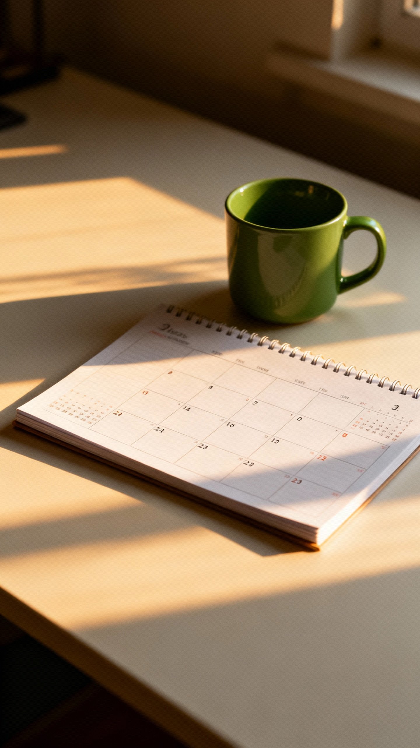 open calendar, sunlit desk, green mug, soft neutral tones