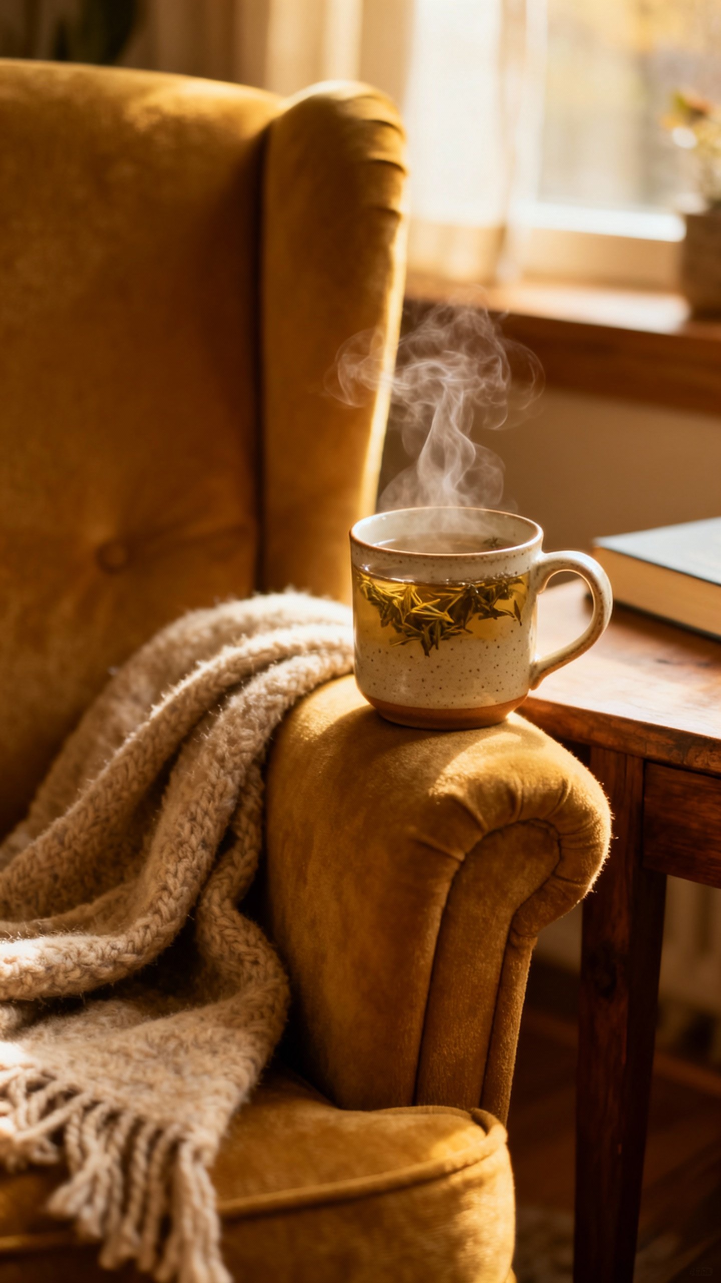 Cozy reading nook with wool blanket, herbal tea, soft light