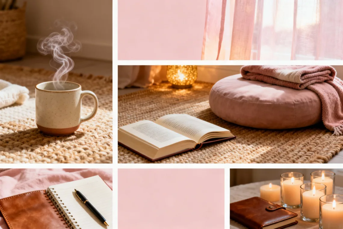 Self care vision board checklist for slow living, mindful habits, and cozy nights in