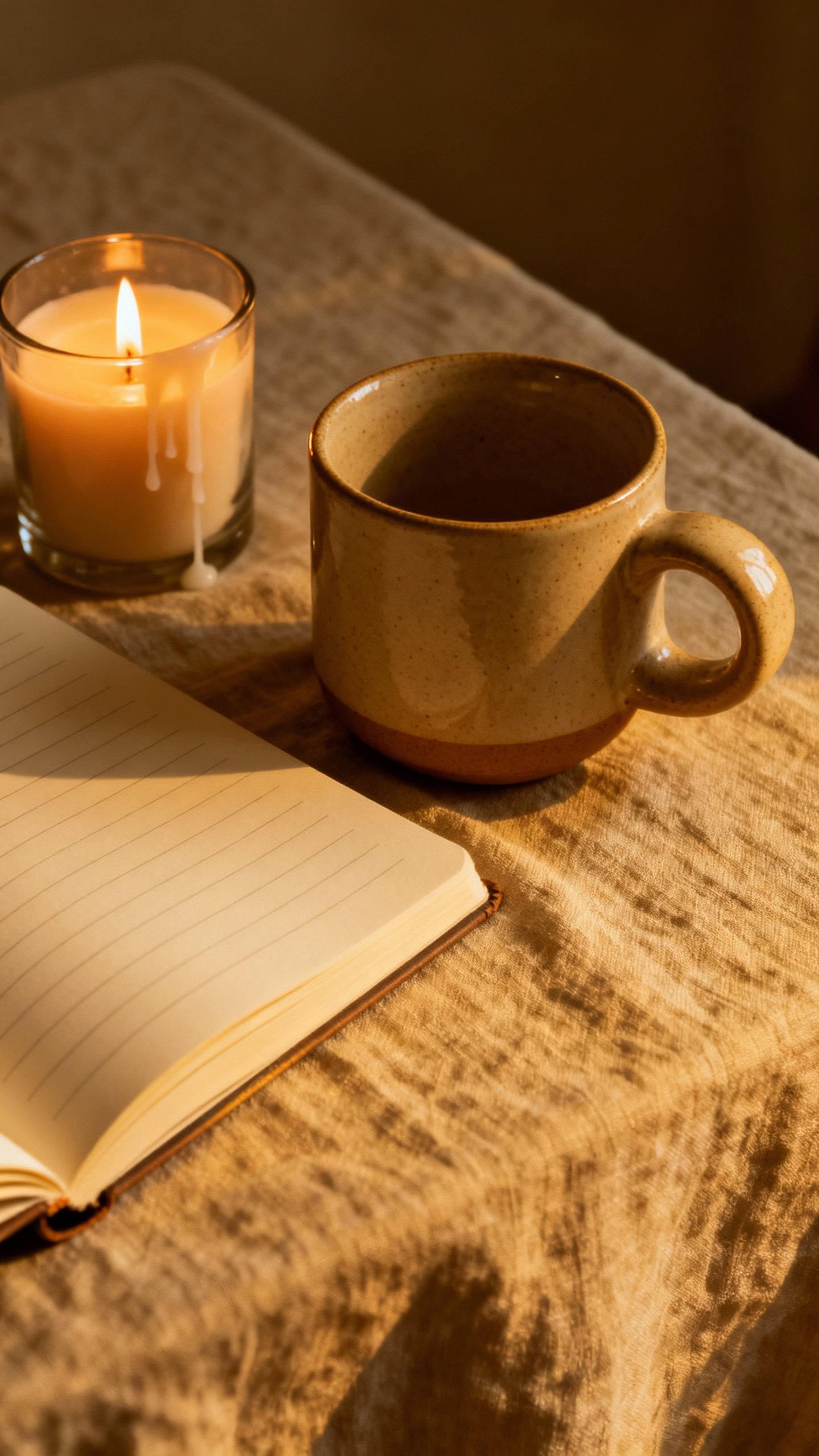 Cozy mug, lit candle, open journal on linen table